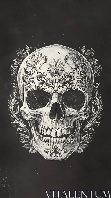 Ornate skull illustration with symmetrical floral detailing.
