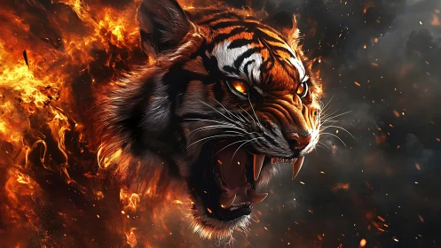 Infernal tiger head rendered in high-detail digital flames.