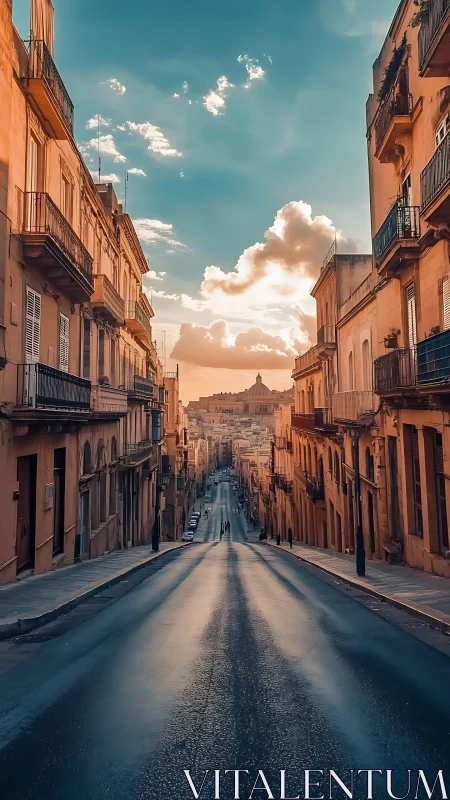 Sunlit hilltop street sliding gently toward the old city.