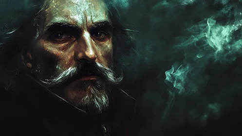 Nocturnal spectral portrait with volumetric smoke rendering.