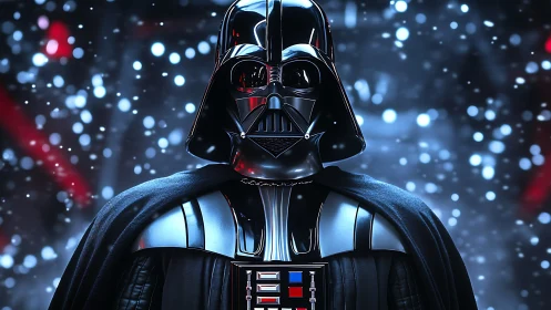 Dark armored figure under cold cinematic bokeh lighting.