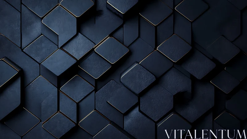 Dark geometric cubes with gold trim in layered pattern.