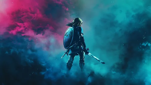 Sword-wielding hero stands within neon storm clouds.