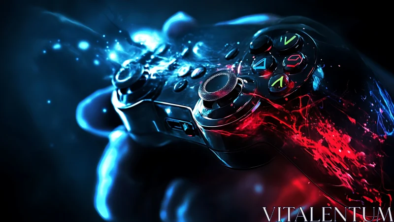 Game controller pulses with vivid blue and red energy glow