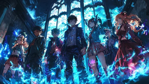 Seven anime mages stand amid blue spectral flames in ruined nave