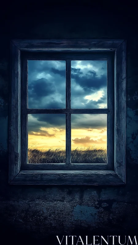 Weathered wooden window frames field and dramatic sky view