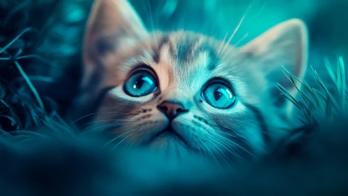 Turquoise Cat with Bright Blue Eyes in Nature.