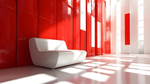 Modern white sofa in a red and white geometric interior space.