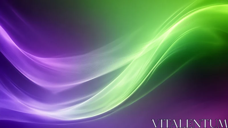 Violet and green light waves curve across dark abstract space