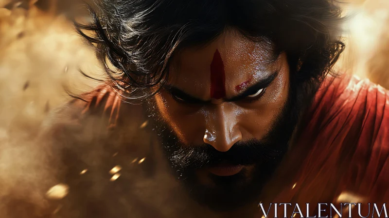 Warrior closeup with intense gaze framed by swirling dust