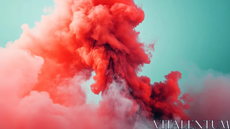 Crimson pigment cloud erupts against teal negative space.
