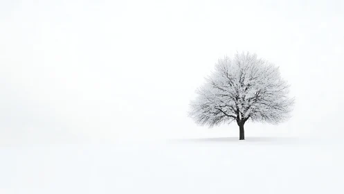 Minimalist winter tree on white horizon, high-key composition.