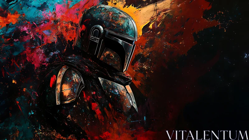 Bold armored wanderer stands against a cosmic color storm