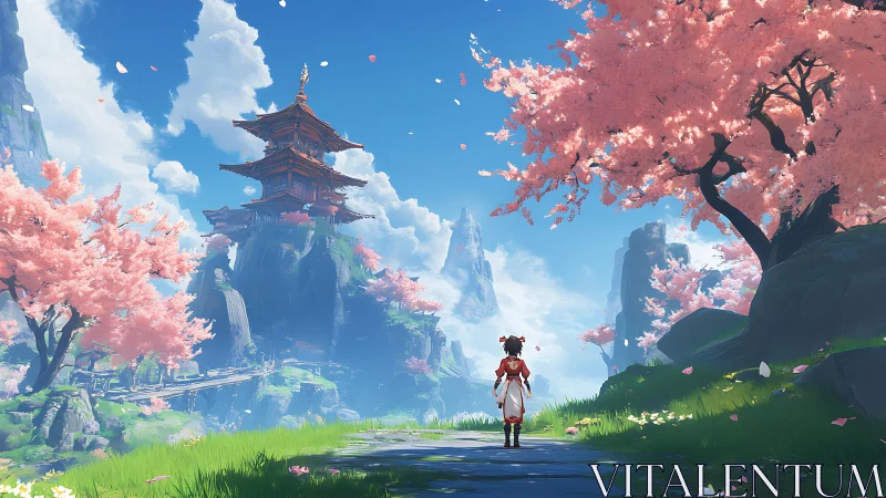 Aerial pagoda vista with sakura-clad cliffs in wide perspective.