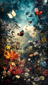 Butterfly skyway above a spellbound twilight wildflower path.