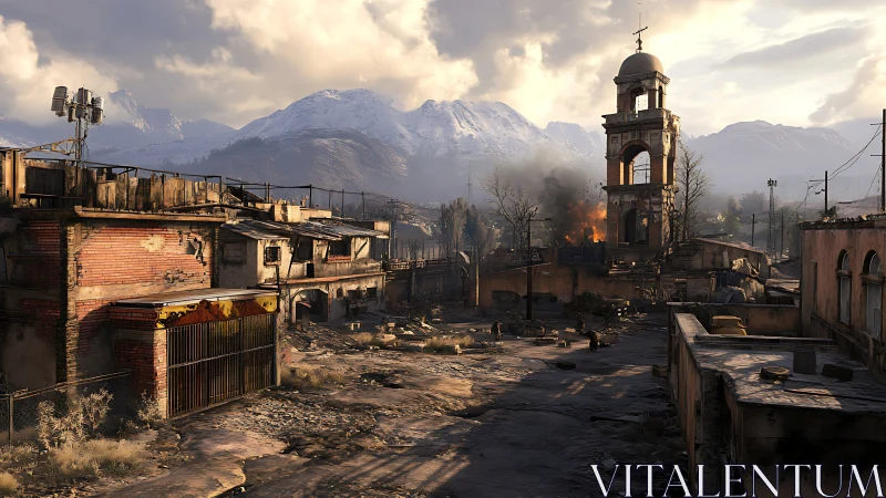 Urban war-torn settlement with bell tower before mountains