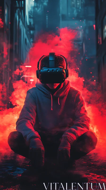 Hooded VR user crouches amid red smoke in dark alleyway