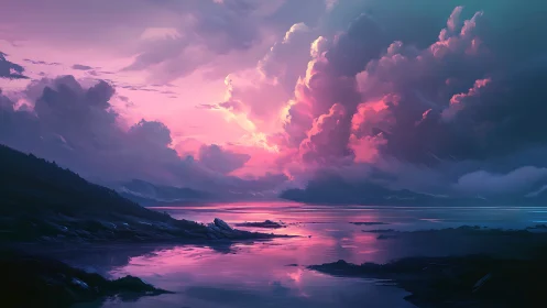 Iridescent storm clouds erupt over a reflective twilight shoreline