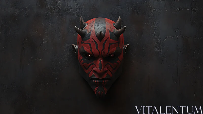 Horned crimson war mask floats in shadow-slick darkness.