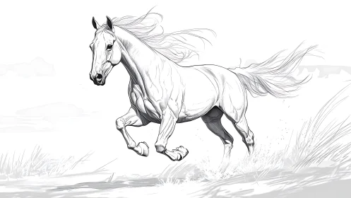 Monochrome line drawing of running horse in shallow water.