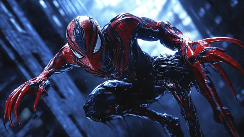 Symbiotic spider warrior lunges through a rain soaked cityscape