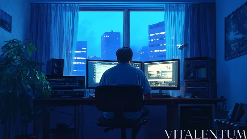 Quiet night coder gazes at glowing screens above the city