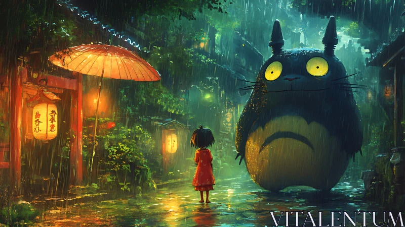 Child meets giant forest spirit on neon-lit rainy street.