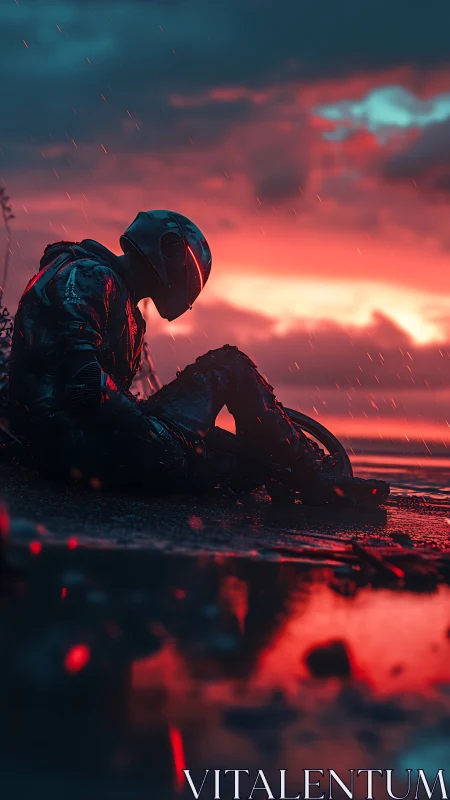 Rain-drenched rider pauses as neon twilight swallows the shore