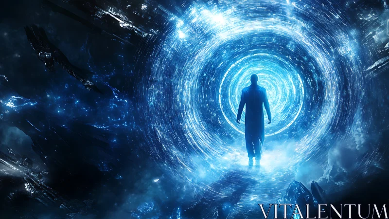 Lone traveler steps into a glowing blue cosmic portal.