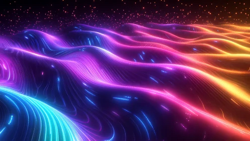 Neon gradient light waves form layered, undulating surfaces