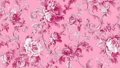 Monochrome floral pattern with roses on solid pink background.