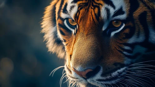 Majestic tiger face glows in dramatic close-up light.