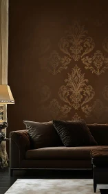 Dark brown living room wall frames leather sofa arrangement