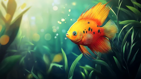 Orange tropical fish swims through softly lit green kelp