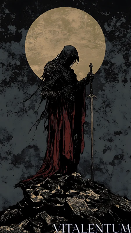 Moonlit wraith-knight lingers over shattered, whispering stones