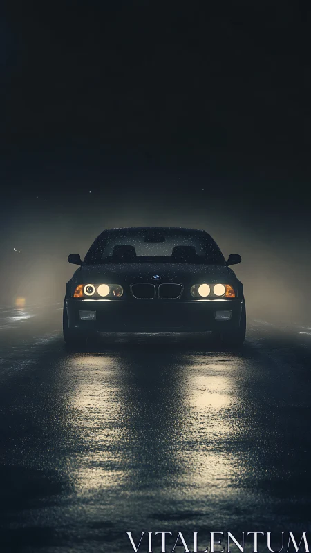 Midnight drive with a classic car in glowing streetlight.