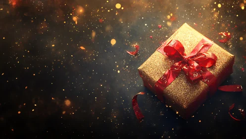 Gold gift box with red ribbon on dark festive background.