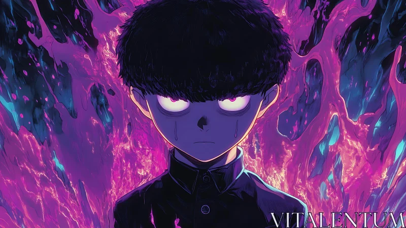 Psychic boy stands before erupting neon psychic aura