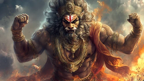 Mythic warrior deity emerging from flames in vivid detail.