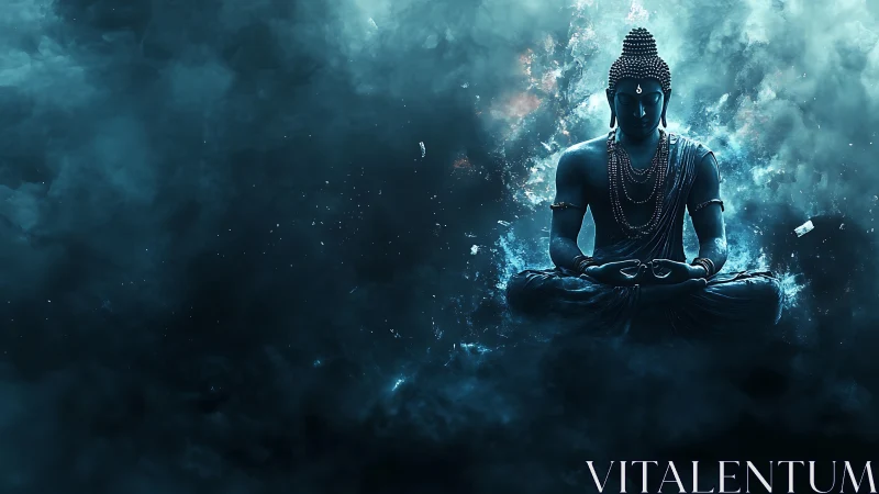 Starlit Buddha drifts in midnight nebula, breathing quiet light