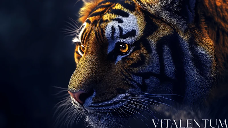 Obliquely lit tiger portrait shows high-detail fur shading and specular highlights