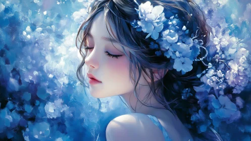 Dreamy girl in blue blossoms resting in quiet serenity.