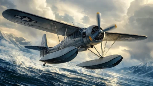 Storm-kissed sea plane slicing through arctic surf skies.