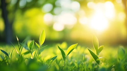 Fresh Green Seedlings in Morning Sunlight, Nature Photography.