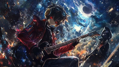 Starlit cyberpunk guitarist shredding under fractured skies.