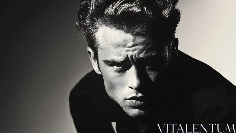 Moody chiaroscuro portrait of brooding rebel in shadow.