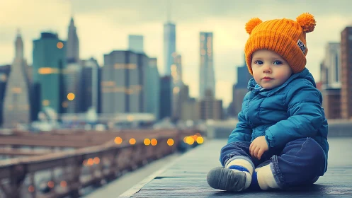 Toddler in Orange Beanie Against NYC Skyline.