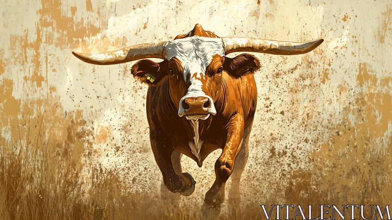 Dynamic longhorn portrait with splattered brush textures.