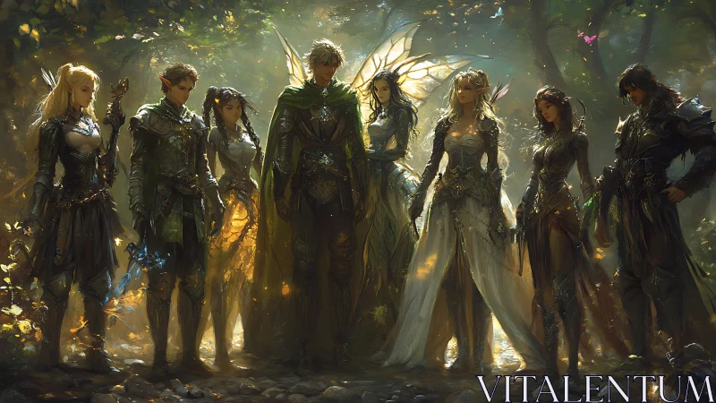 Elven adventuring party in ornate armor under dappled forest light