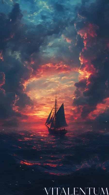 Sailing ship cuts through fiery ocean sunset skyscape.